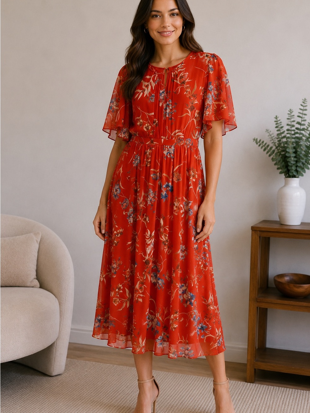 Calvin Klein Red Floral Fit & Flare Chiffon Dress Size 4 Cape Sleeves NWOT
